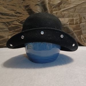 Vintage Bollman Black Wool Bowler Flip Brim Bucket Hat Rhinestones Women USED.